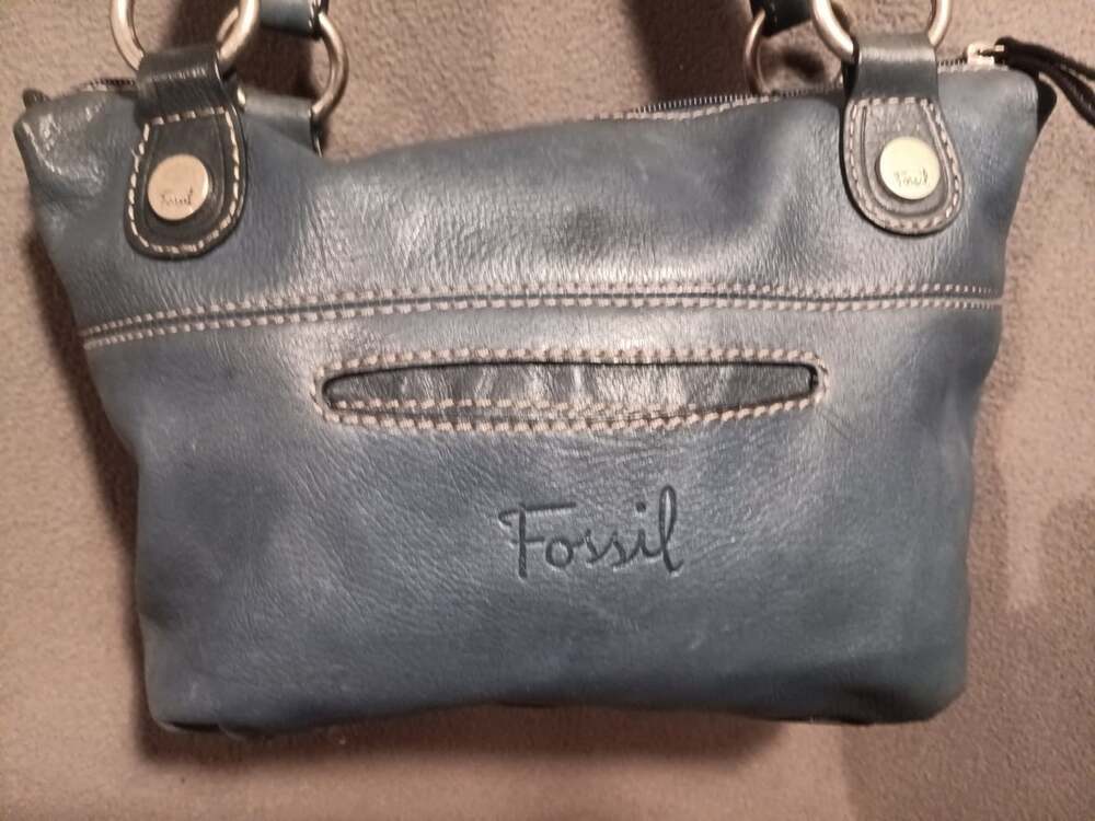 FOSSIL Hanover Vintage Blue Leather Satchel Bag Women’s Shoulder Purse Handbag - Picture 3 of 8